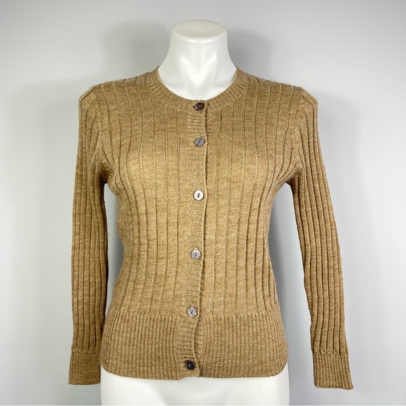 Vera Wang Lavender Label Camel Crewneck Ribbed Wool Alpaca Cardigan Sweater S - Picture 7 of 16